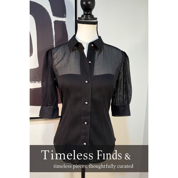 Haute Monde Sheer Black Striped Puff Sleeve Blouse with Pearl Buttons – Size S - Picture 7 of 7